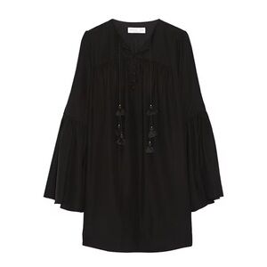 Rachel Zoe Dress Boho Helen Black Silk Tassel Tie Size 6 Bell Sleeve Mini $395
